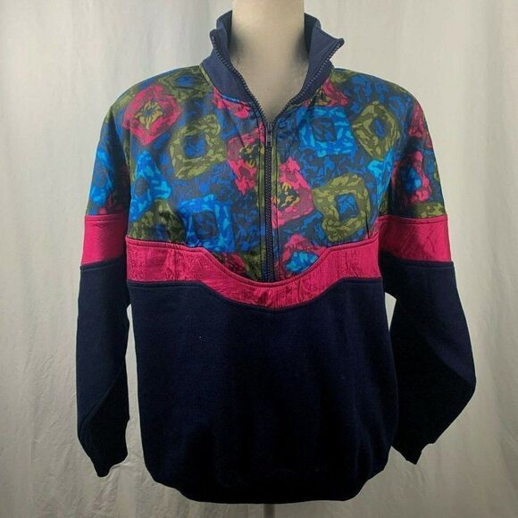 Vintage 80s Sweatshirt Jacket M Navy Blue Half Zip - Picture 2 of 4